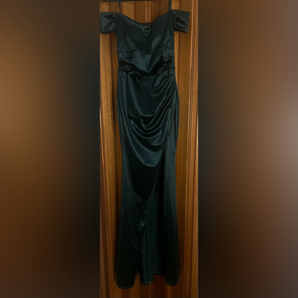green silky prom dress
